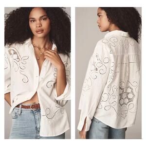 NWT By Anthropologie White Button Up Eyelet Blouse Floral Breezy Spring Size M